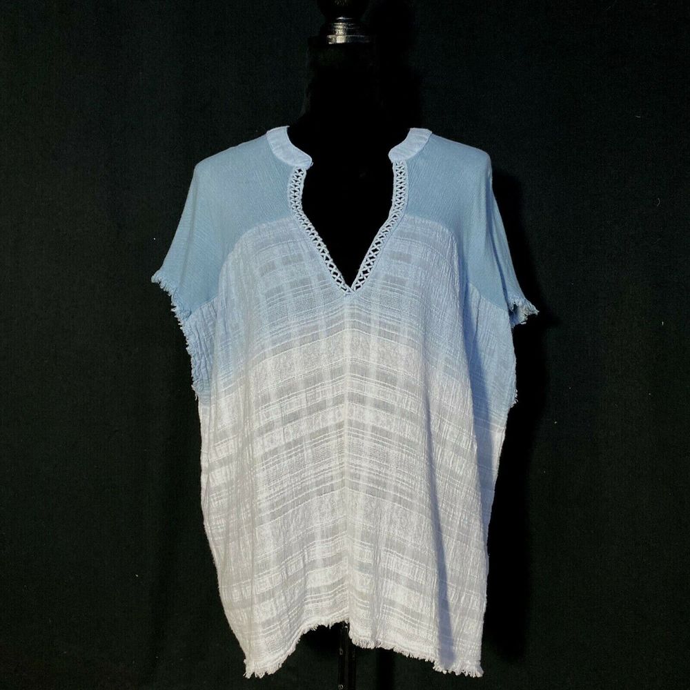 Ecote Top XS SM Oversize Tunic White Blue Ombre Raw Edge Lattice V Neck Boxy